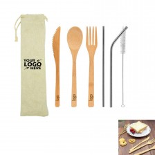 Reusable Bamboo Spoon Fork Knife Utensils Set with Drawstring Bag